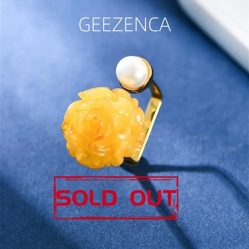

GEEZENCA Натуральный Янтарный цветок пресноводный жемчуг 925 серебряные большие кольца для женщин роскошное позолоченное необычное открытое квадратное кольцо с пионами