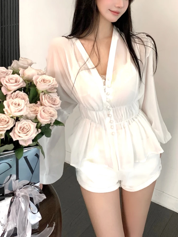 

Однотонная блузка с длинным рукавом, Офисная Женская Осенняя Повседневная Элегантная блузка с V-образным вырезом, женские тонкие корейские ...