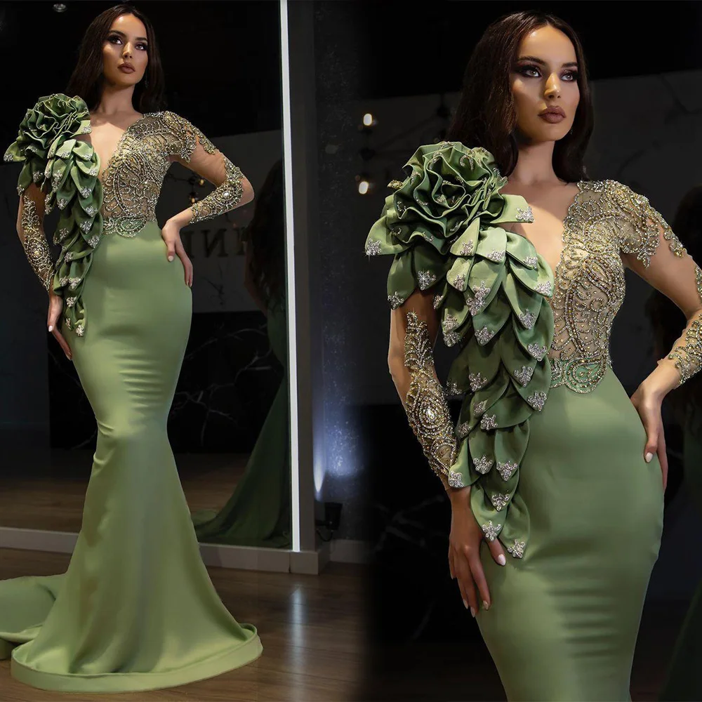 

Custom Formal Trumpet V-Neck Long Sleeve Floor-Length Sweep Train Beaded Applique Crystal Satin Illusion