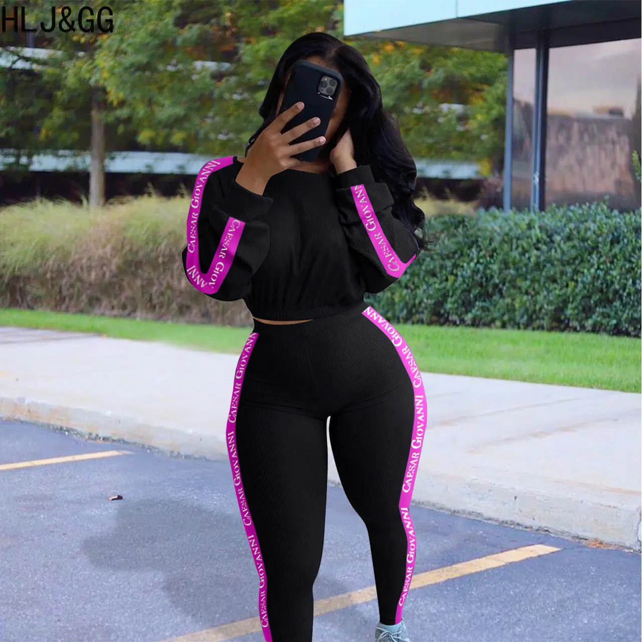 

HLJ&GG Casual Ribber Letter Print Tracksuits Women Solid Long Sleeve Crop Top + Legging Pants Two Piece Sets Female 2pcs Outfits