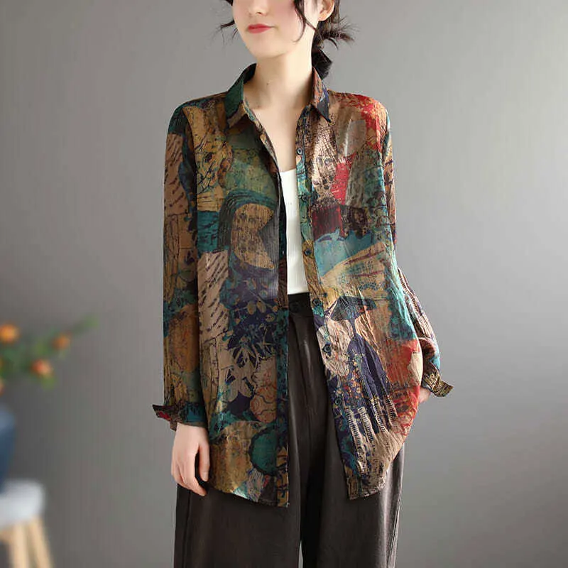

Spring Summer Arts Style Women Long Sleeve Turn-down Collar Loose Shirts Single Breasted Vintage Print Blouse Plus Size V612