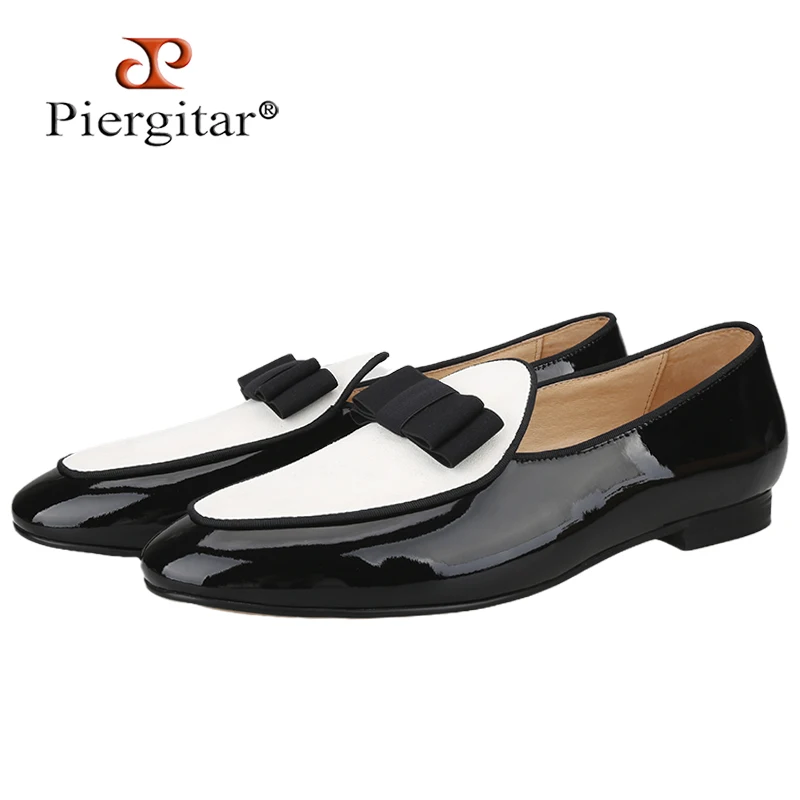 

Piegitar 2022 Black Patent Leather Stitched Suede Men Loafers Handmade Bow Tie Slip-On Men's Dress Shoes For Party And Wedding