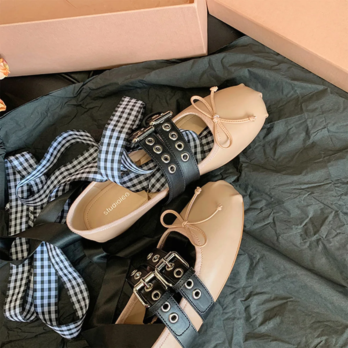 French ballerina ballet flats women's soft leather bow lace-up shallow Metallic belt trim car stitching cross straps belt buckle