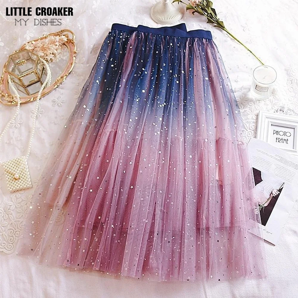 

Fairy Gauze Sparkling Stars, Sequins, Starry Sky, Gradient Color, Large Swing Skirt, Mesh Long Midi Skirt, Summer Gothic Clothes