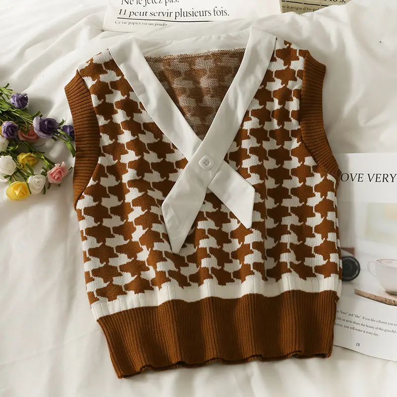 

Brown Houndstooth Student Spring Fall V-neck Girl Women Sweater Vest Loose Knit Outer Wear Leisure Clothing Coat Top Girls Cloth
