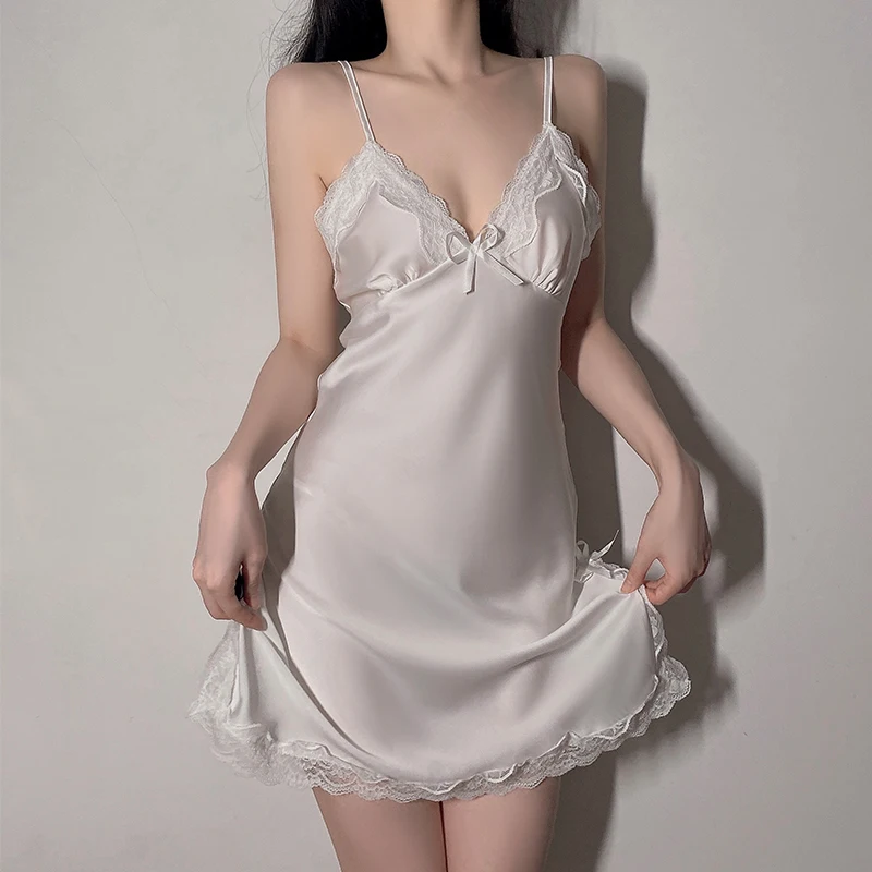 Black White Women's Sexy Silk Touch Nightgown Satin Sleep Wear Night Dress Wear Women Night Home Cloth  Lingerie large size