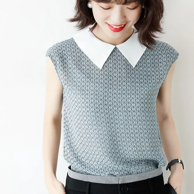 

Летняя Свободная Женская клетчатая рубашка, женская шифоновая блузка с кукольным воротником, одежда для студентов, милые топы, шифоновые ма...