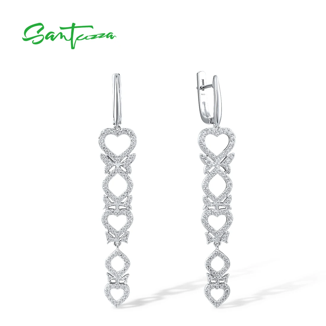

SANTUZZA Real 925 Sterling Silver Earrings For Women Sparkling White CZ Heart Geometric Long Dangling Gorgeous Fine Jewelry
