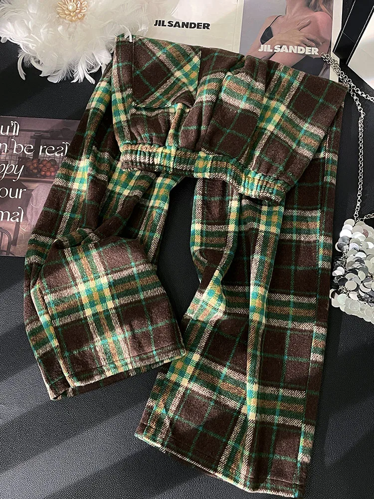 Женские широкие брюки в зеленую клетку размера плюс осень-зима 2023 новые