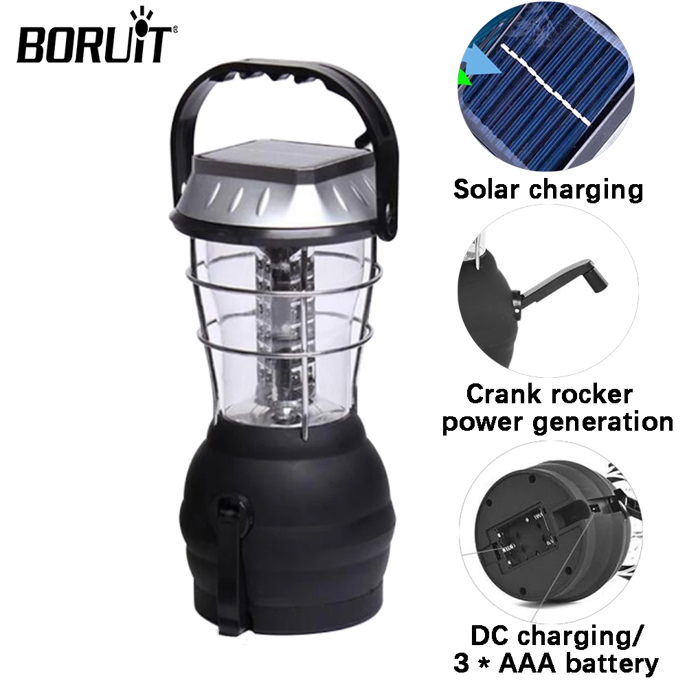 BORUiT Super Bright Hand Crank Solar LED Lantern Rechargeable Camping Work Emergency Light Hunt 36 Beads LED Solar Camping Lamp