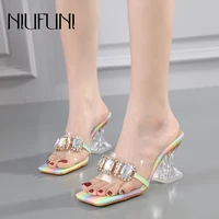 niufuni summer fashion rainbow crystal high heels womens slippers sandals rhinestone slides slip on transparent pvc gem pumps