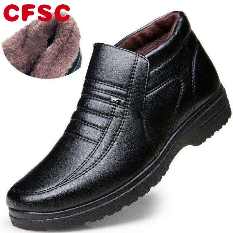 

Мужские зимние водонепроницаемые кожаные туфли, фланелевые высокие слипоны, Повседневная теплая резиновая обувь для мужчин