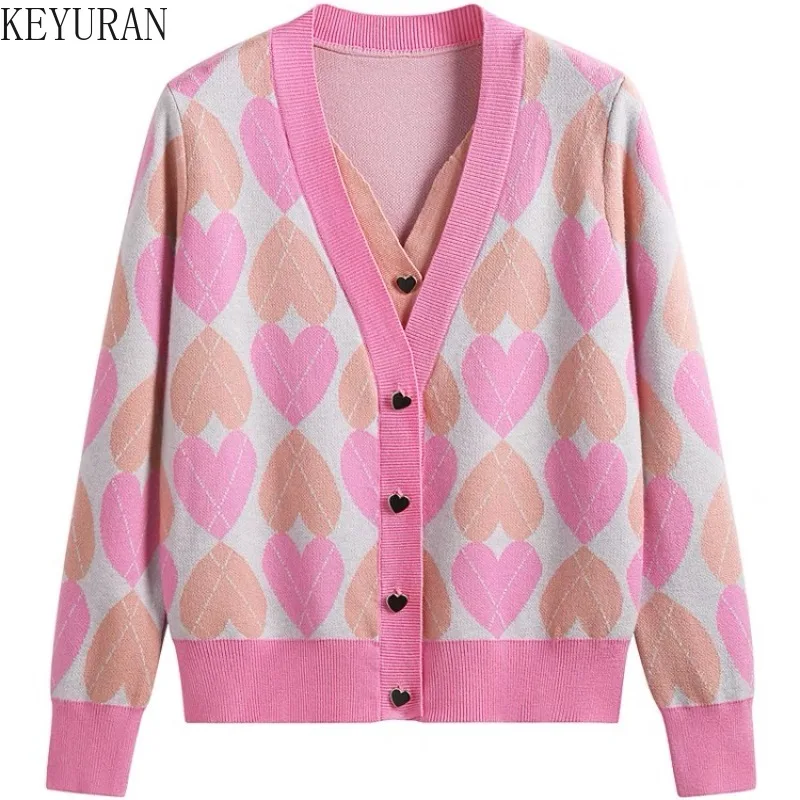 

Женский жаккардовый вязаный кардиган Love, винтажный свободный трикотажный свитер из двух предметов с V-образным вырезом, джемпер для весны и осени 2023