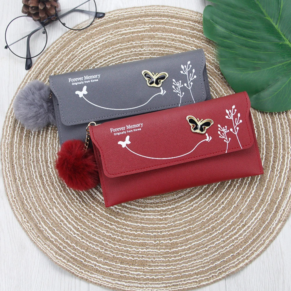 

Women Fashion PU Leather Trendy Pouch with Plush Ball Butterfly Pattern Design Zipper Travel Wallets Card Storage Clutch