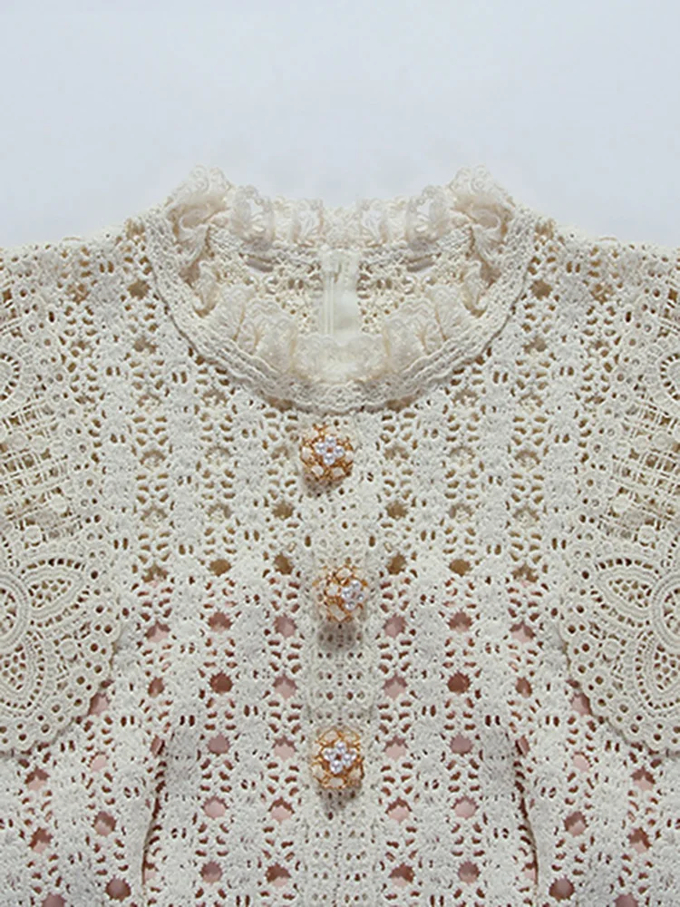 DEAT Элегантное платье с вышивкой кружево ажурные цветы жемчуг пуговицы тонкие