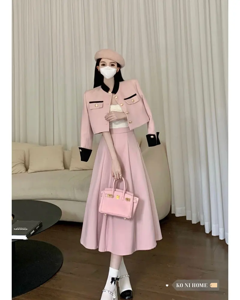 

UNXX Women's Sets French Commuting Elegant Color Block Long Sleeve Blazer Jacket Autumn New A-Line Midi Skirt 2 Pieces Hot Sale