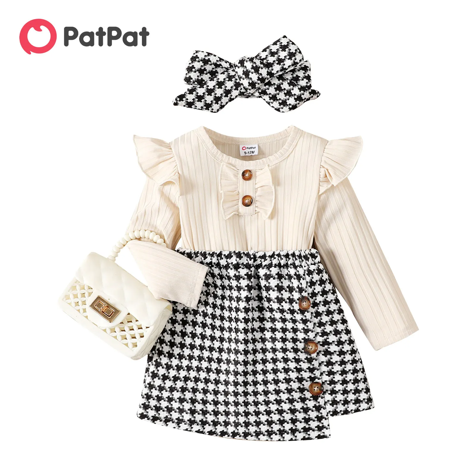 

PatPat 2pcs Baby Girl Solid Rib Knit Ruffle Trim Long-sleeve Spliced Houndstooth Asymmetric Hem Button Dress with Headband Set