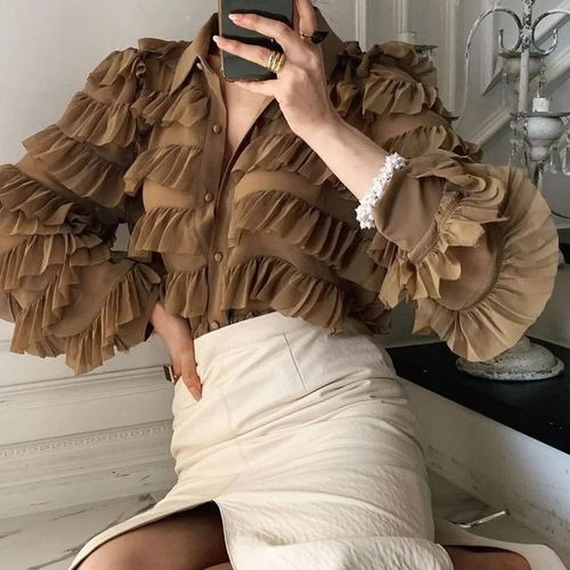 

Sexy Crop Top Long Sleeve Women Lapel Single Breasted Loose Lantern Sleeve Casual Top Women Stitching Cake Top Asymmetrical Hem