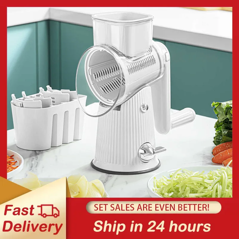 

Manual Rotary Vegetable Slicer Cutter Kitchen Vegetable Cheese Grater Chopper with 5 Sharp Stainless Steel Drums Kitchen Tool
