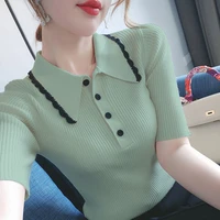 fashion lapel spliced button plus size short sleeve shirt summer new casual pullovers elegant female clothing commute blouse