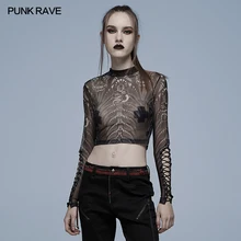 PUNK RAVE Women's Gothic Personalized Skeleton Print Mesh T-shirt Punk Style Black Perspective Sexy 