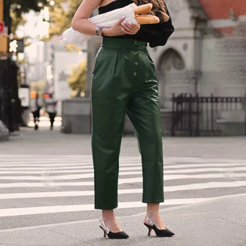 

Faux Leather High Waist Pants Women Fashion Retro Green PU Sexy Leather Autumn and Winter Long Straight Pants High Street