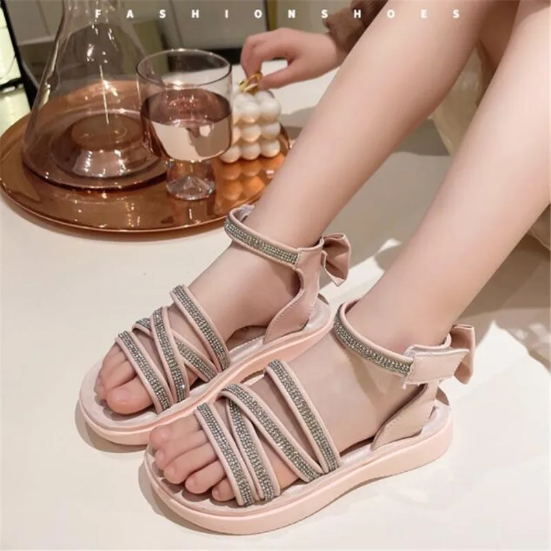 2022 Summer New Kids Sandals Girls Princess Rhinestone bowtie Sandals Soft Children Beach Shoes Fashion Roman Sandals Size 26-36