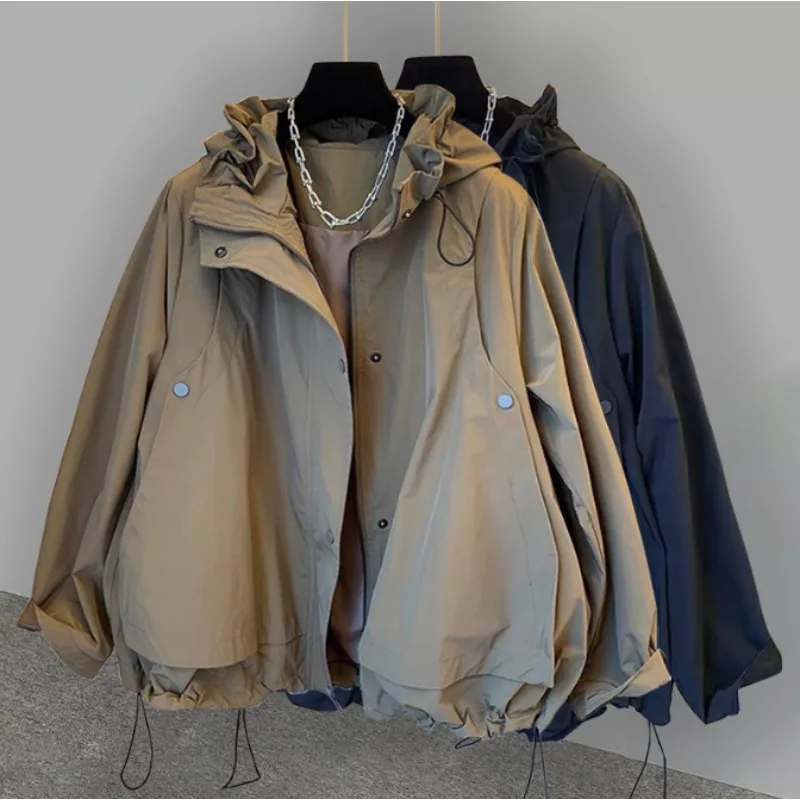 

Hooded Drawstring Women Trench Coat Loose Splices Women's Spring Jacket Streetwear Solid Color Windbreaker Jacket Female
