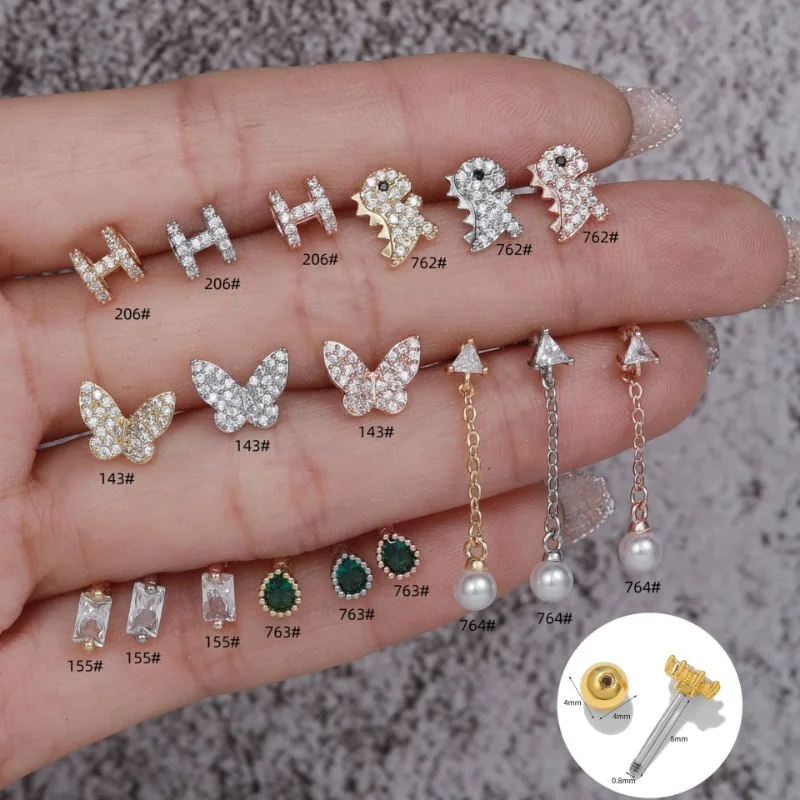 

1Piece Stud Earring for Women Grils Jewelry, Cubic Zirconia Butterfly Dinosaur Shaped Stainless Steel Earrings, 8mm Bar