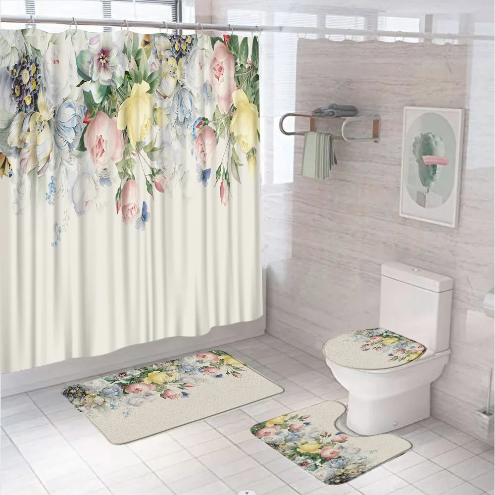 

Floral Shower Curtain Sets 4Pcs Butterfly Pink Flower Fabric Bathroom Curtains Screen with Non-Slip Rugs Toilet Cover Bath Mats