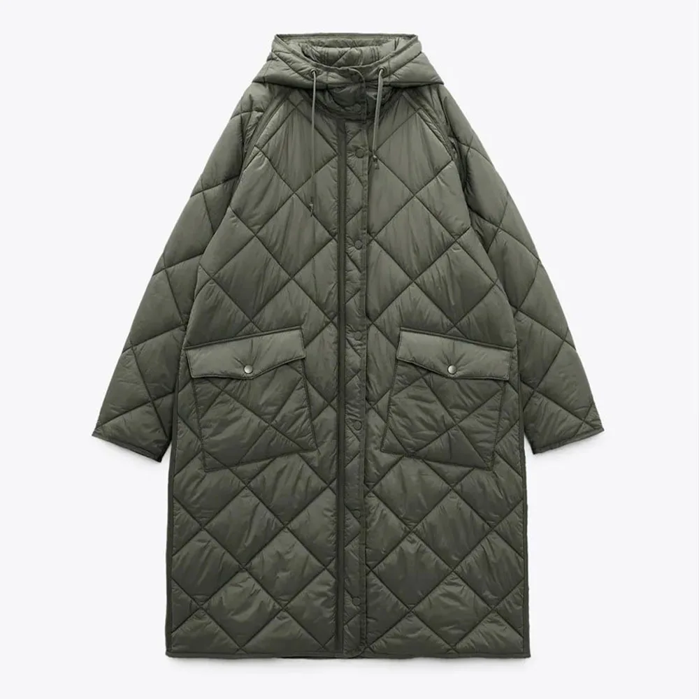 Autumn and Winter New Solid Color Medium Long Hooded Cotton Coat Women