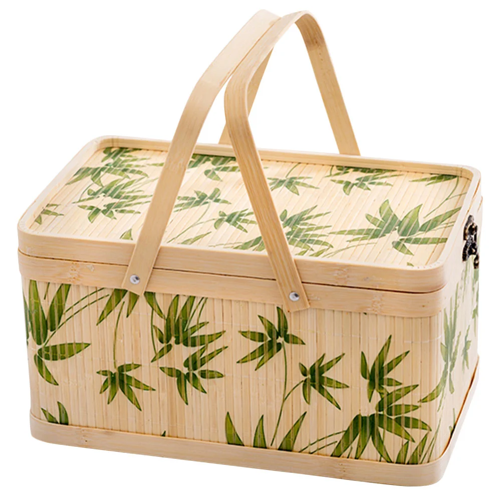 

Picnic Basket Bamboo Woven Shopping Storage Basket Woven Hamper with Handle Lid