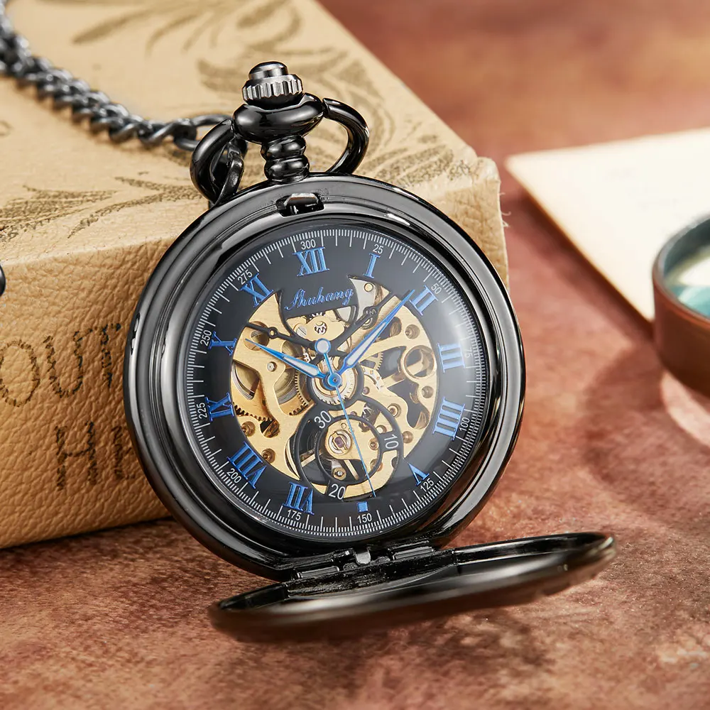 Vintage Angel Double Wings Black Mehanical Pocket Watch FOB Chain Hollow Skeleton Hand Wind Mechanical Mens Womens Watch