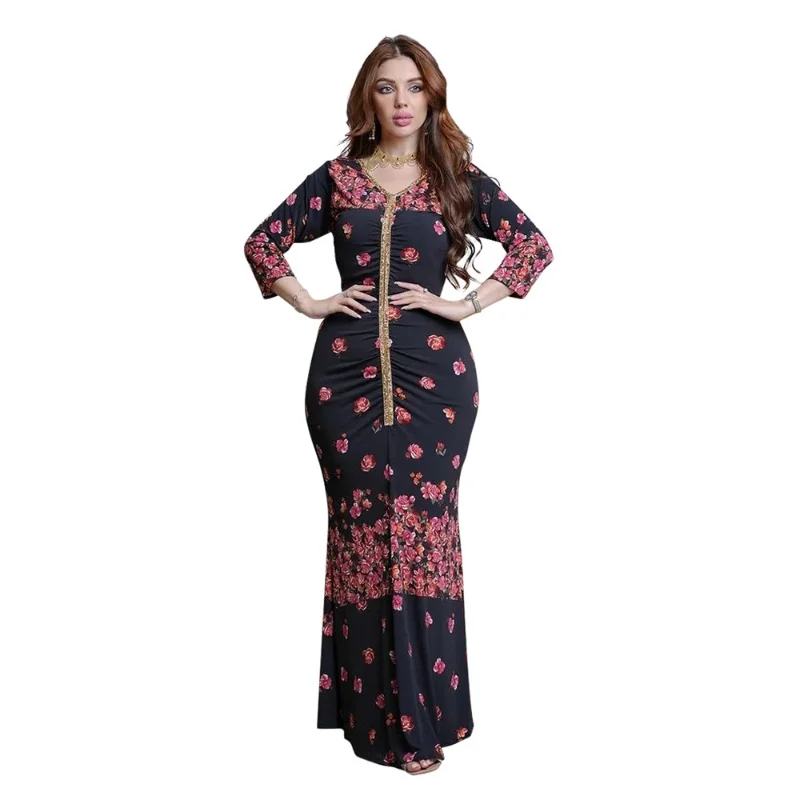 2023 Summer Spring elegant Style Muslim Women Long Sleeve V-neck Polyester Printing Long Dress Muslim Abaya Muslim Fashion Dress