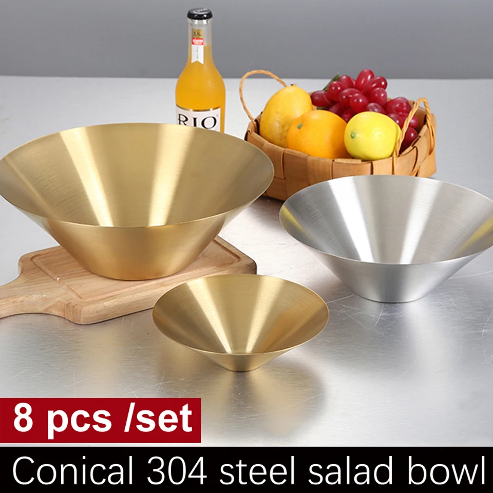 

Korean Gold 304 Steel Frosted Cone BBQ Bowl Fruit Vegetable Cold Noodle Bowl Restaurant Dessert Salad Egg Cream Mixing Bowl
