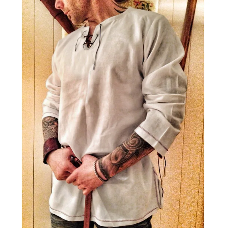 Рубашка Viking из хлопка и льна топы со шнуровкой длинными рукавами мужской