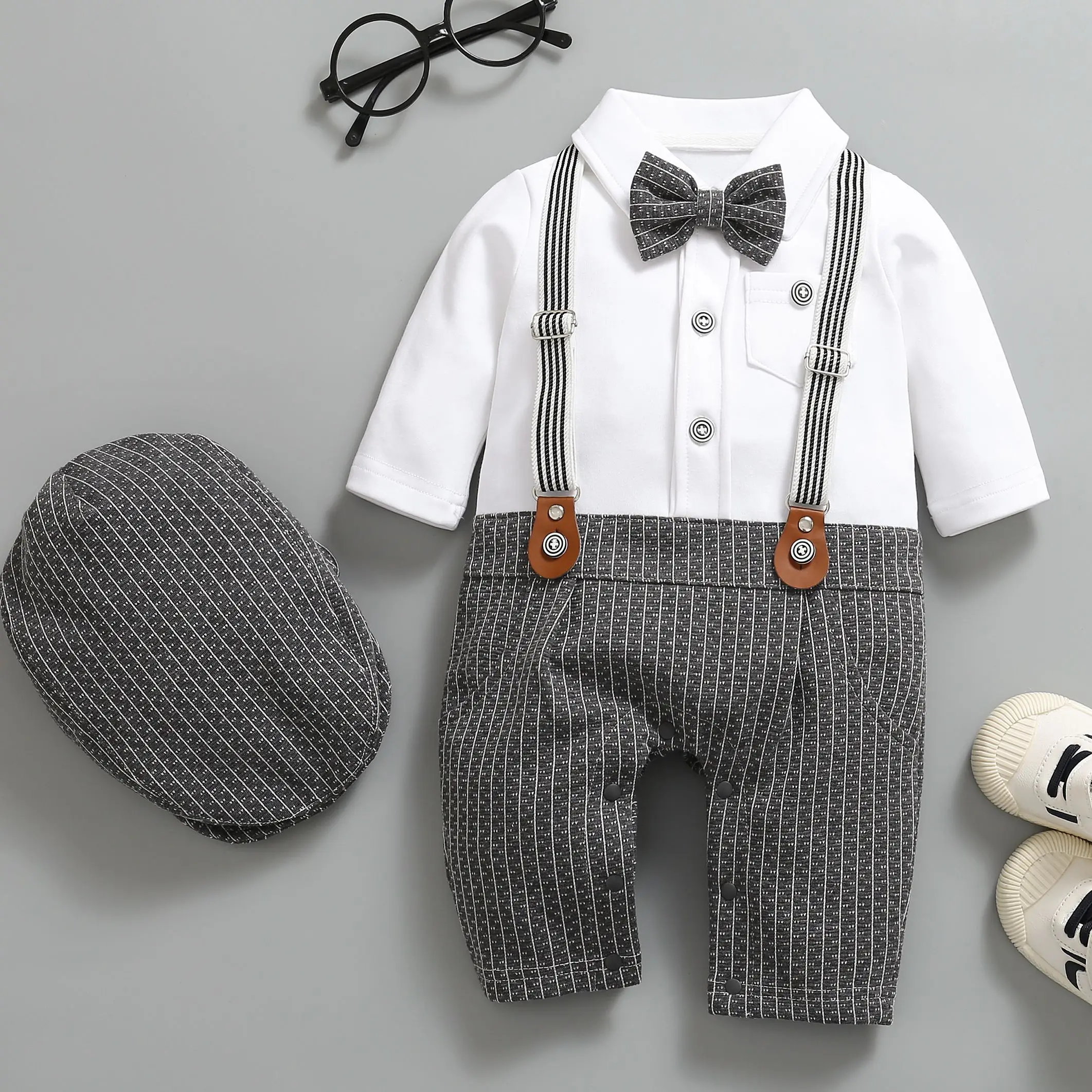 BINGOBOOM Newborn Baby Boy Romper Long Sleeves Infant Plaid Bow Tie Little Gentle Man Clothes 2 In 1 Party Jumpsuit With Hat