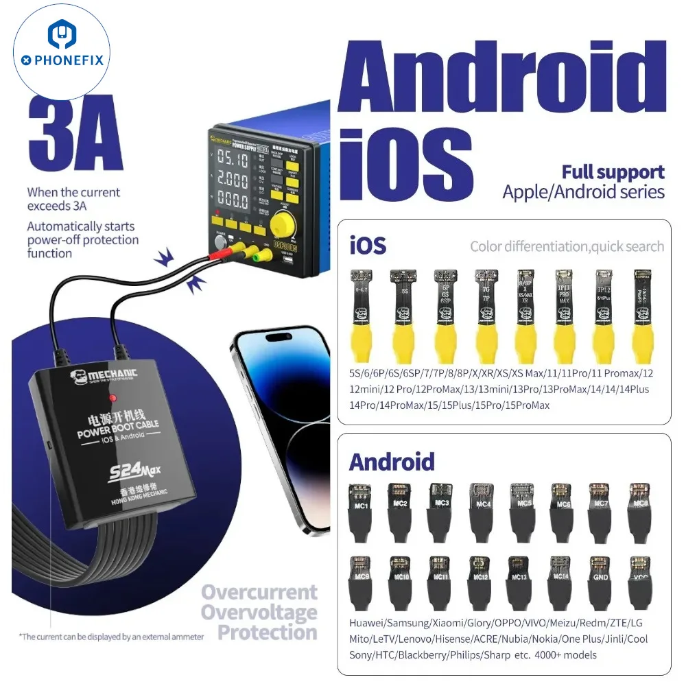 Фото Тестовый кабель питания MECHANIC S24 Max для iPhone 5S-15Pro Max и Android мобильного телефона, переключатель линии загрузки, шнур питания №1