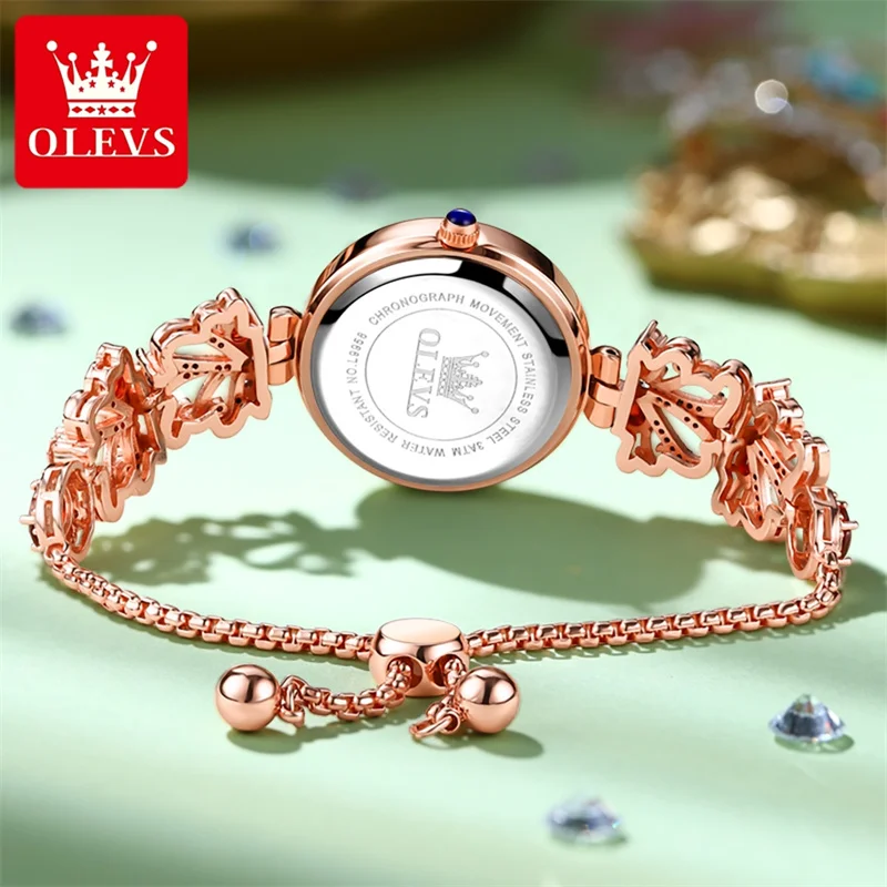 OLEVS New Women's Fashion Green Dial Quartz Watches Waterproof Elegant Rose Gold Stainless Steel Strap Ladies Bracelet Watch