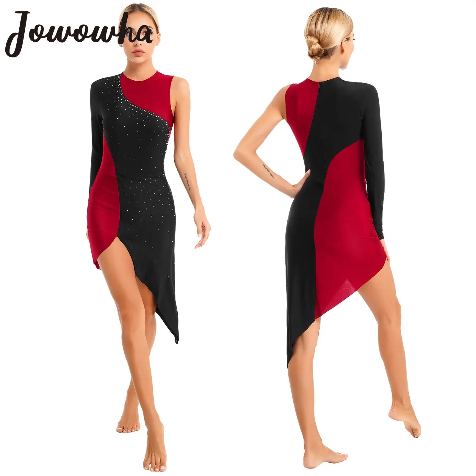 

Womens Tango Jazz Dance Costume Glitter Rhinestone One Shoulder Long Sleeve Asymmetrical Hem Ballet Leotard Lyrical Dance Dress