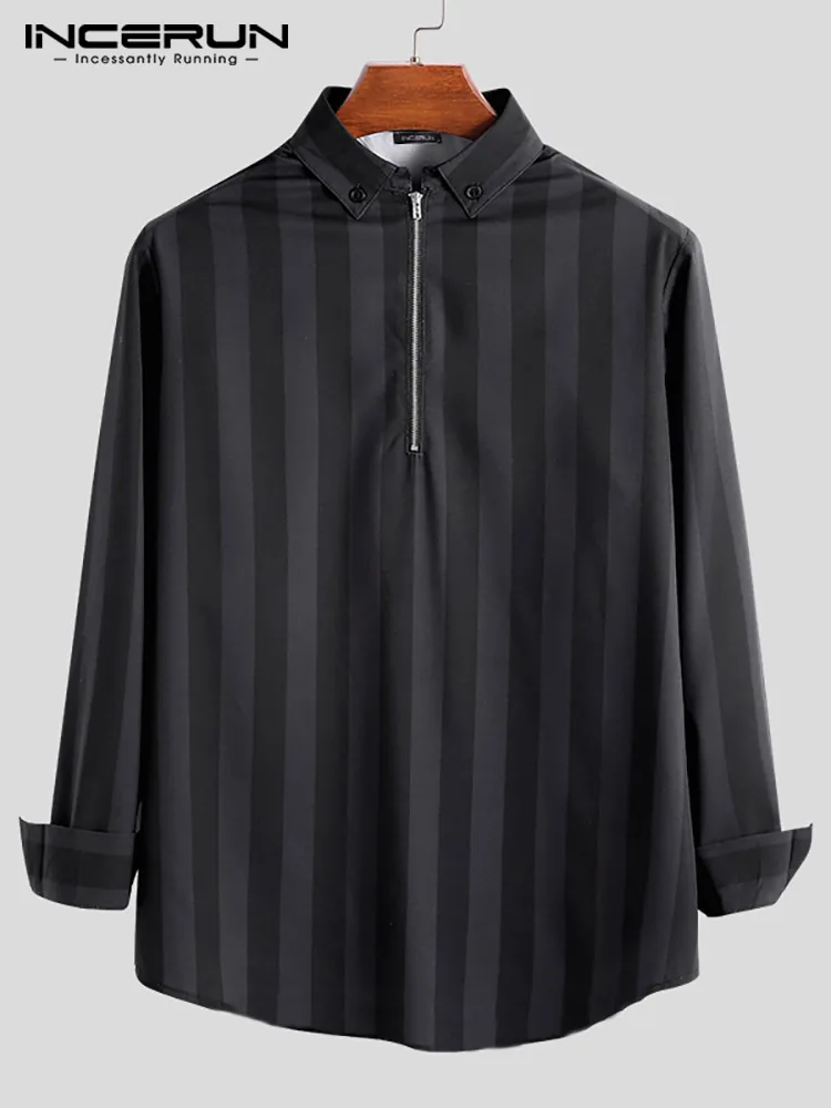 2022 New Men's Fashion Trend Long Sleeve Striped Zipped Shirts Streetwear Elegant Pullover Mens Blouse INCERUN Camisa Masculina