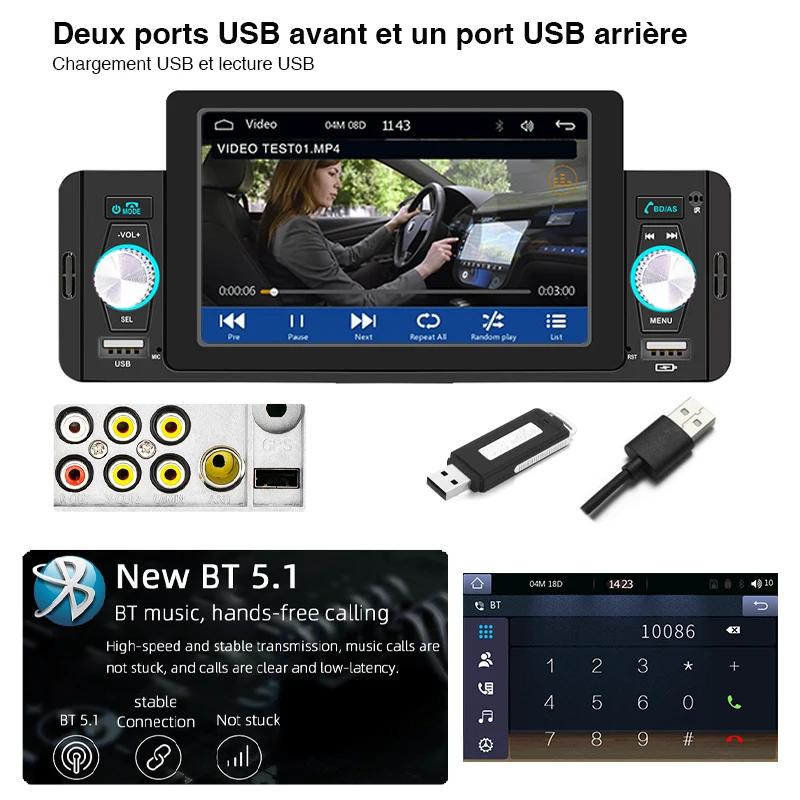 1 Din 5" CarPlay Radio Car Stereo Bluetooth MP5 Player Android-Auto Hands Free TF USB FM Receiver Audio System Head Unit F160C