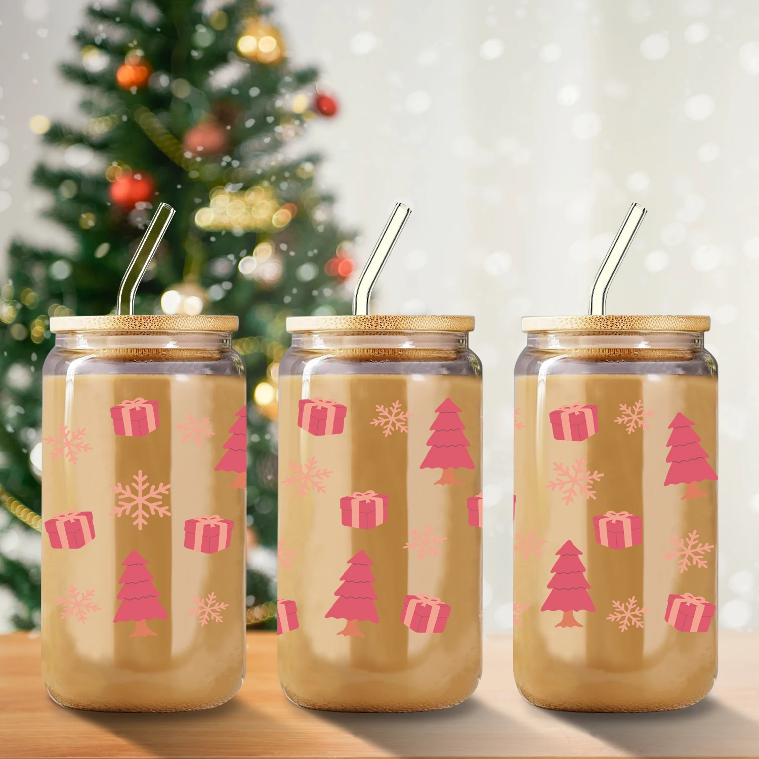 1 шт. 3d принт снежинки и подарки узор 16 унций стеклянная банка чашка для газировки