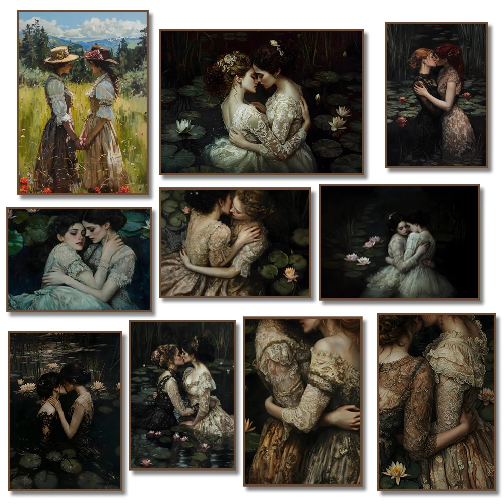 Постер Goth Moody в викторианском стиле с изображением поцелуев лесбийских подруг