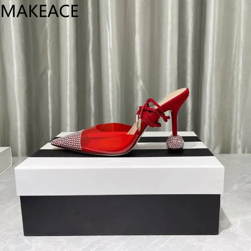 

Summer New Jelly Sandals Pointed Toe Crystal Shoes Jewelry Heel Women Party Shoes Transparent PVC Banquet Wedding Lace Up Pumps