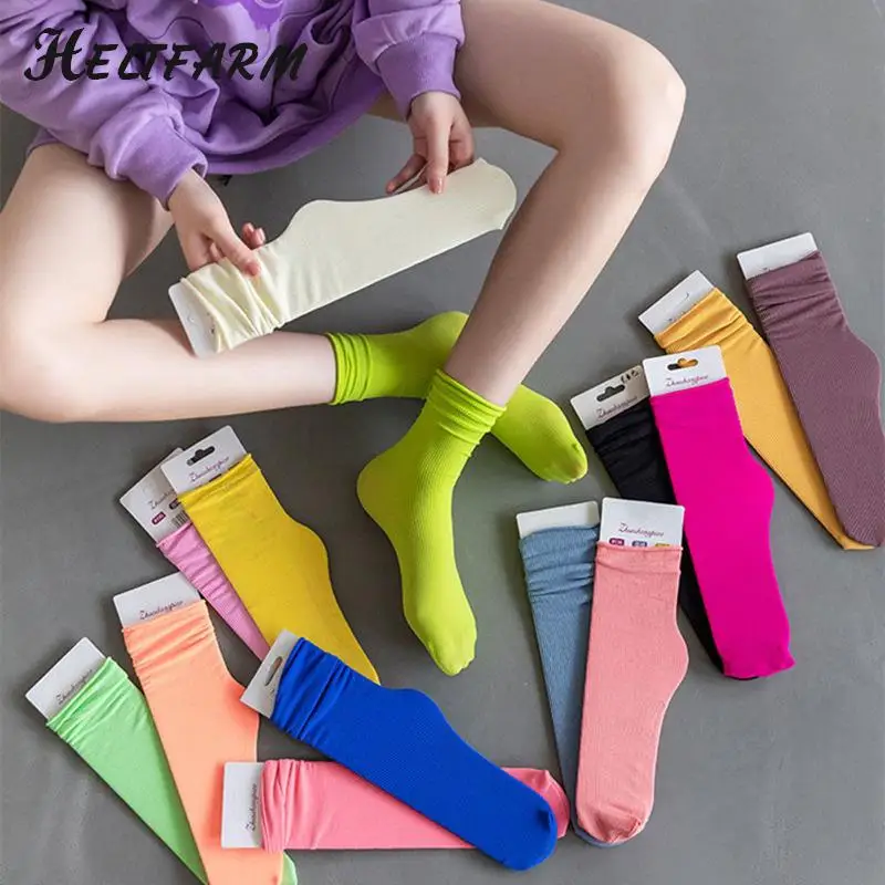 

Spring Summer Female Socks High Tube Streetwear Soft Sock 1/3/5Pairs Women Colorful Loose No Pilling Socks Knitting Rib Thin
