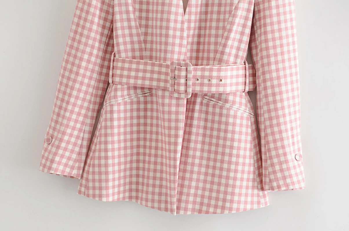 Pink Sweet Plaid Blazers with Free Sashes Women Cute Buttonless Plaid Casual Office Blazer Suit 2021 New Y2k Girl Chic Work Suit