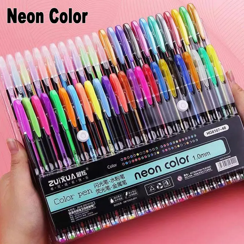 48Pcs Neon Color Set Glitter Metallic Fluorescence Highlighter Gel Pen 1.0mm Tip For Art Sketch Painting Drawing Kids Graffiti