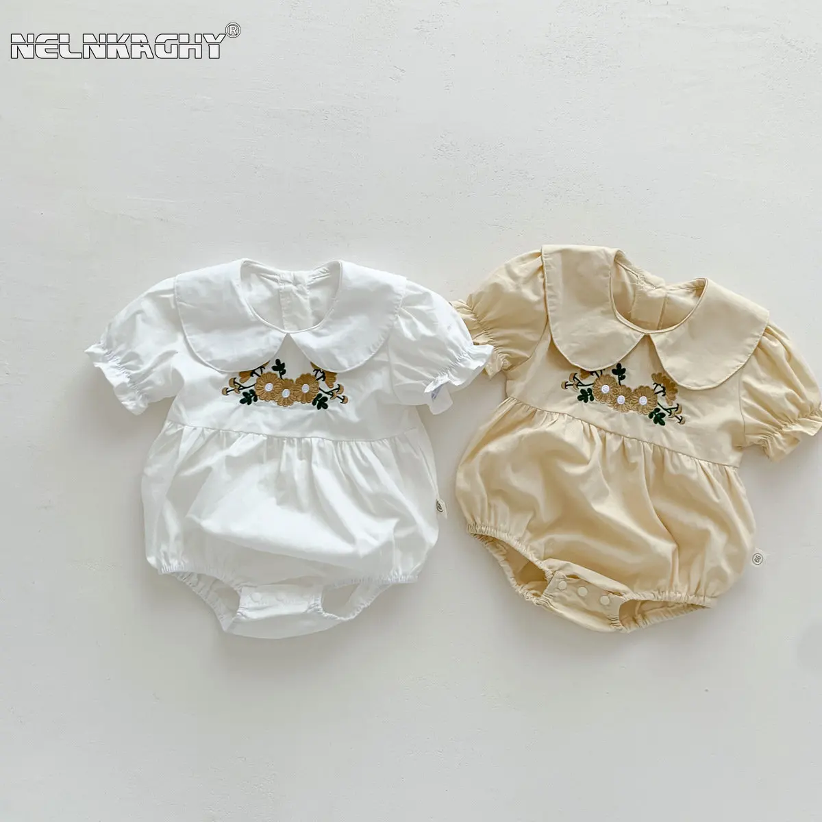 Summer Newborn Baby Girls Short Sleeve Embroidery Flower Peter Pan Collar Outwear Infant Kids Jumpsuits Toddler Bodysuit