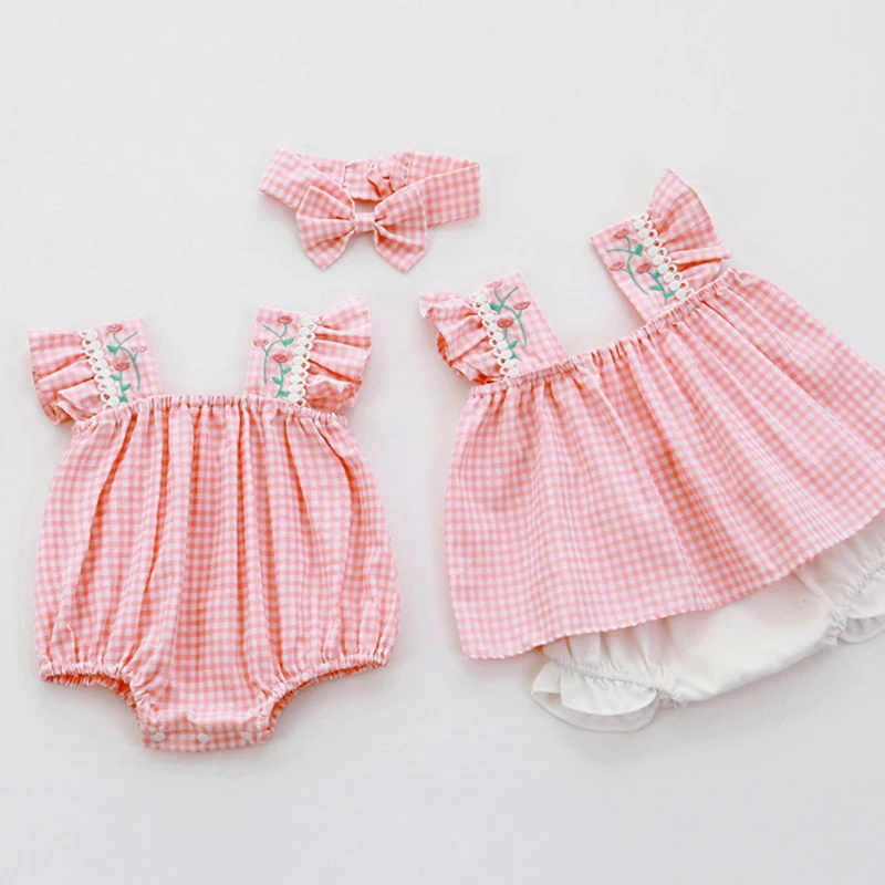 

Summer Baby Girl Clothing Set Fly Sleeve Embroidered Lattice T-shirt+Shorts Newborn Baby Girl Rompers Sister Clothes